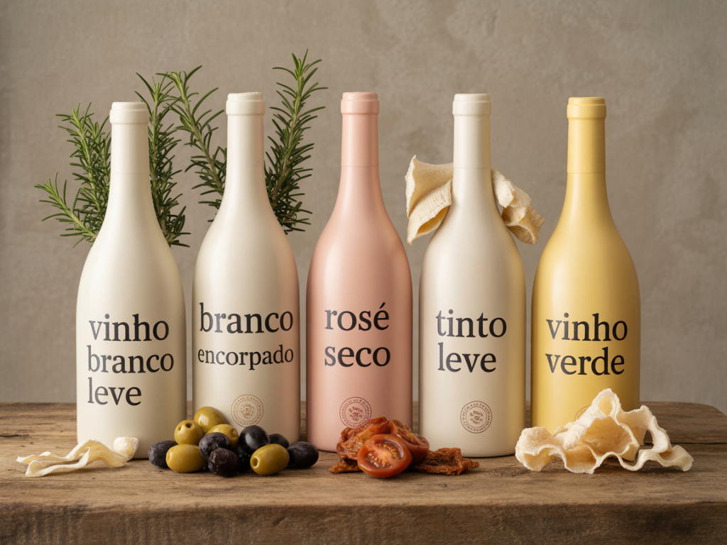 Ilustração com diferentes estilos de vinho organizados por perfil de sabor e compatibilidade com bacalhau