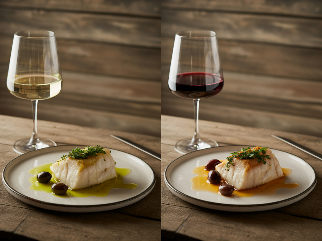 Comparação visual entre vinho branco e vinho tinto servidos com pratos distintos de bacalhau