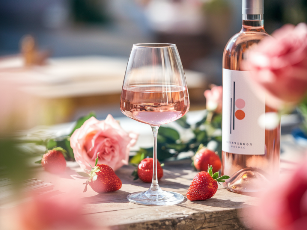 Taça de vinho rosé bom sobre mesa rústica com frutas e flores, representando frescor e elegância