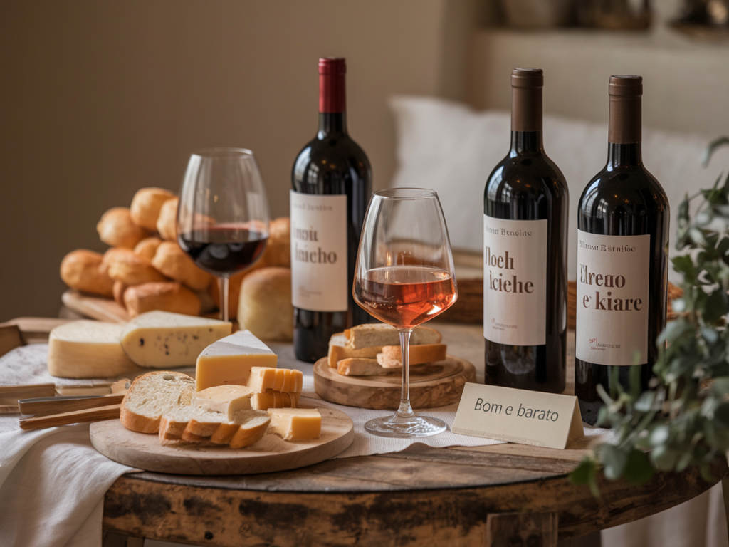 Imagem de destaque com vinhos bons e baratos sobre uma mesa rústica, representando opções acessíveis com boa qualidade.