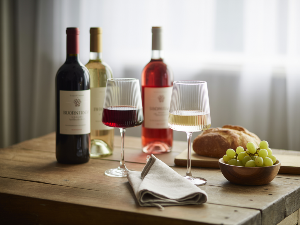 Seleção de vinhos bons com taças servidas sobre mesa rústica, representando o tema da publicação.