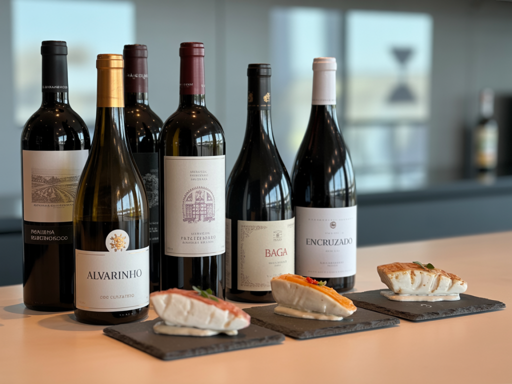 Garrafas de vinho com rótulos visíveis próximas a diferentes receitas de bacalhau