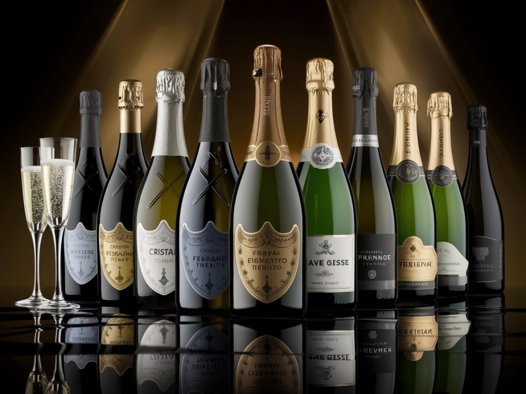 Composição com os 10 melhores espumantes do mundo em garrafas lado a lado em ambiente sofisticado