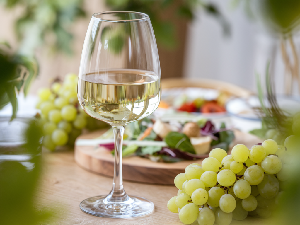 Taça de vinho branco sobre uma mesa, representando o tema calorias em uma taça de vinho branco.