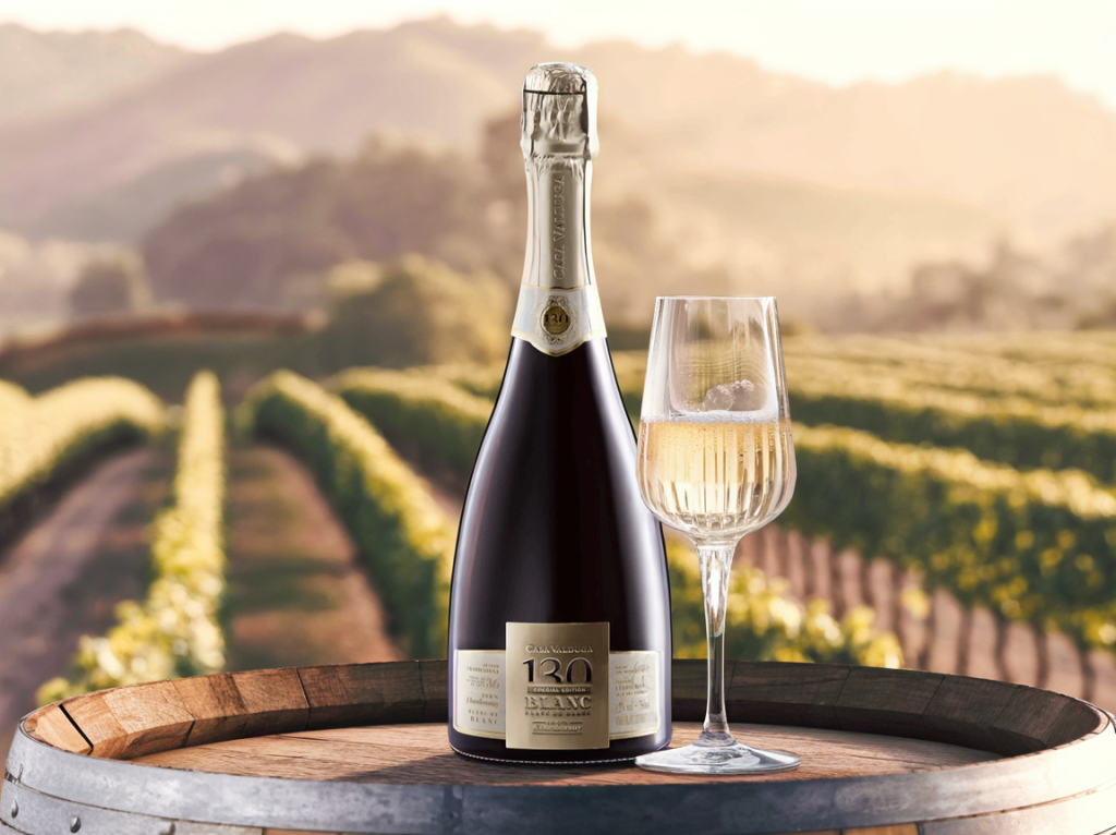 Espumante 130 Casa Valduga foi eleito o melhor do mundo, garrafa e taça com borbulhas finas diante de vinhedos ao pôr do sol.