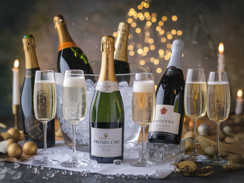Mesa com taças e garrafas dos Melhores Espumantes e Vinhos Borbulhantes do Mundo em ambiente festivo