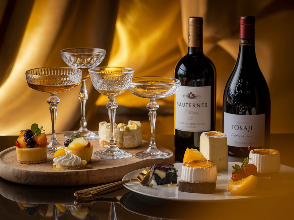 Degustação dos Melhores Vinhos Doces e de Sobremesa do Mundo em taças elegantes com sobremesas refinadas