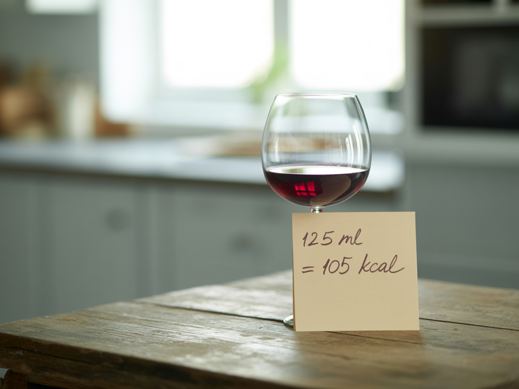 Taça de vinho calorias: imagem com taça de vinho tinto e anotação de calorias ao lado