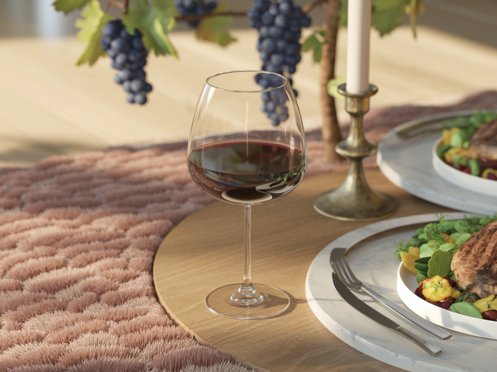 Taça de vinho tinto sobre mesa, representando as calorias em uma taça de vinho tinto.