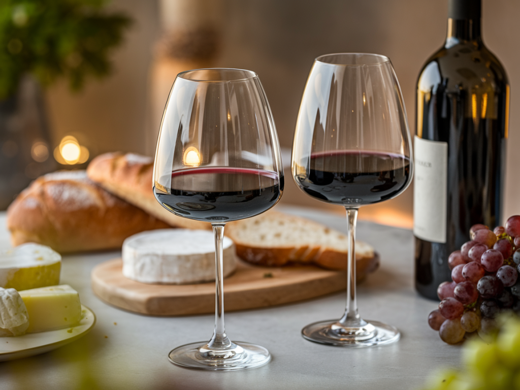 Duas taças de vinho tinto em uma mesa de jantar aconchegante, ilustrando o tema vinho engorda com equilíbrio e prazer.