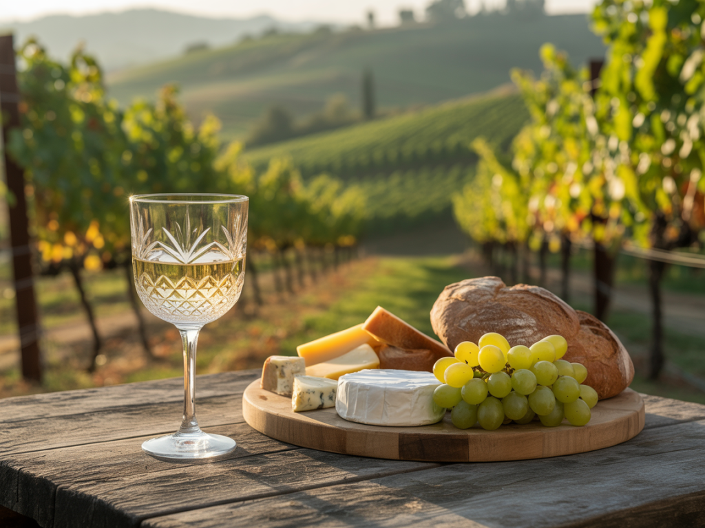 Mesa rústica com café da manhã em vinícola, mostrando a tradição de tomar vinho de manhã com pão, queijo e uvas ao nascer do sol.