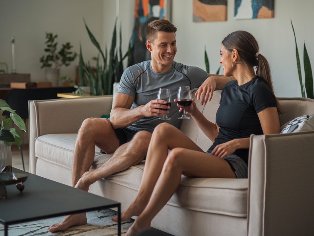 Cena que ilustra a dúvida comum: tomar vinho atrapalha a musculação, mostrando um casal saudável conciliando treinos com momentos de prazer.