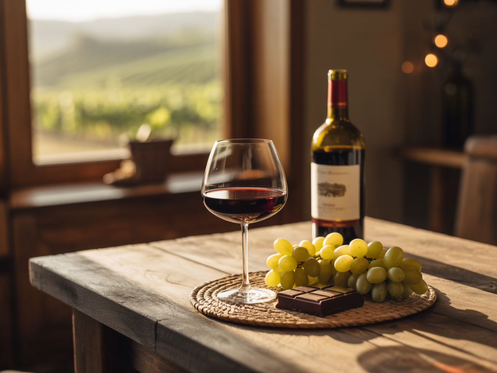 Taça de vinho tinto sobre mesa rústica com uvas e aperitivos, ilustrando se tomar vinho todo dia faz bem para a saúde.