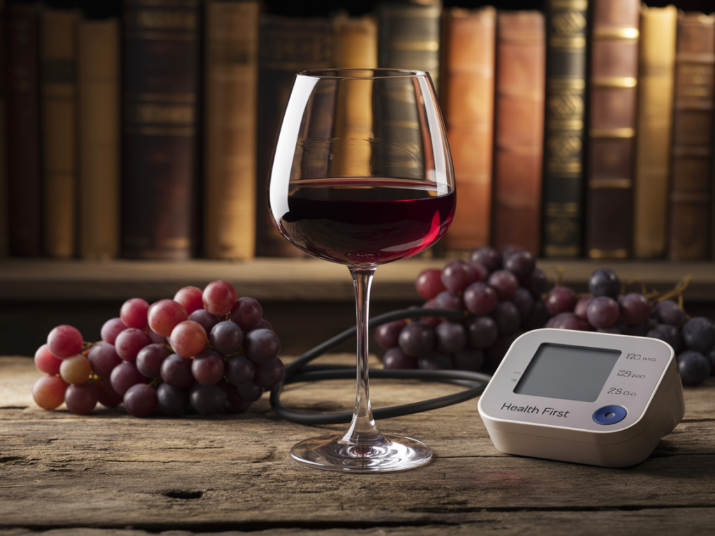 Taça de vinho tinto ao lado de um medidor de pressão arterial, ilustrando o tema vinho aumenta a pressão.