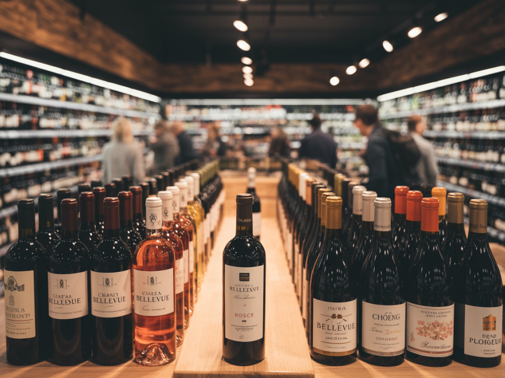 Seleção de vinho bom e barato de supermercado em prateleiras organizadas e convidativas.