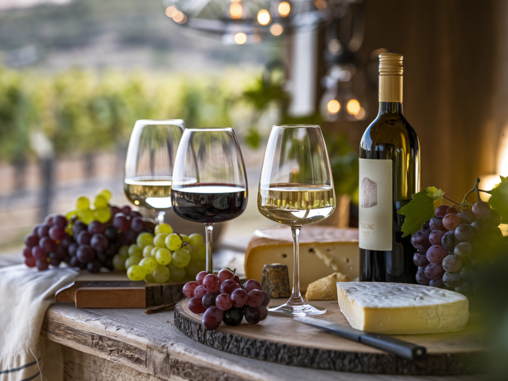 Mesa elegante com taças e garrafa de vinho bom ao lado de queijos e uvas frescas.