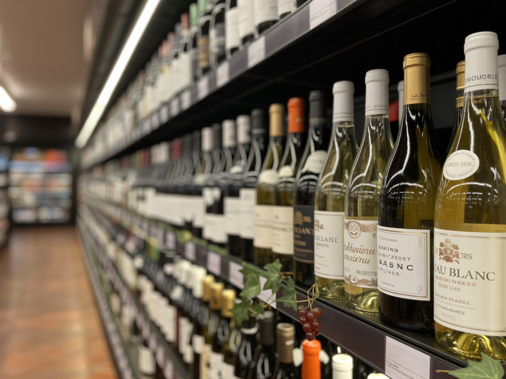 Seleção de vinho branco bom e barato de supermercado em prateleiras bem organizadas.