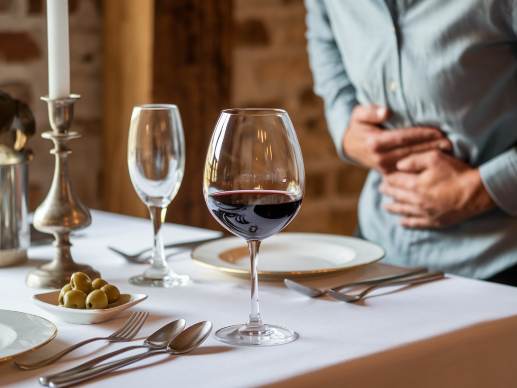 Pessoa com desconforto abdominal após consumir vinho, ilustrando o tema vinho causa diarreia.