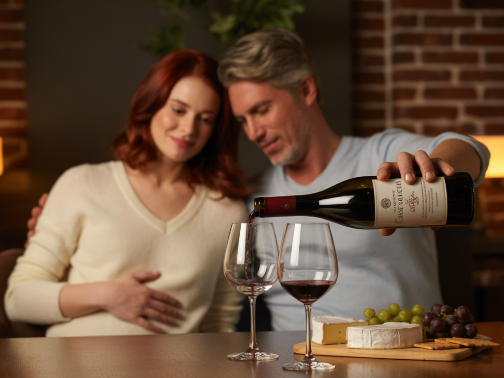 Casal em jantar descontraído discutindo se vinho dá gases, com expressões leves e ambiente acolhedor.