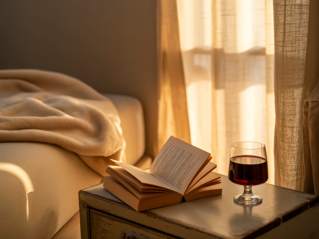 Taça de vinho ao lado da cama, representando o tema vinho dá sono e seus efeitos no descanso.