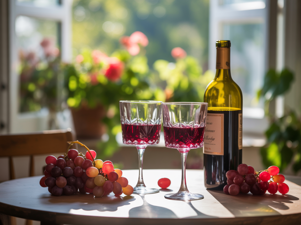 Taças de vinho tinto sobre a mesa representam o tema vinho é bom para o coração, com foco em saúde e bem-estar.