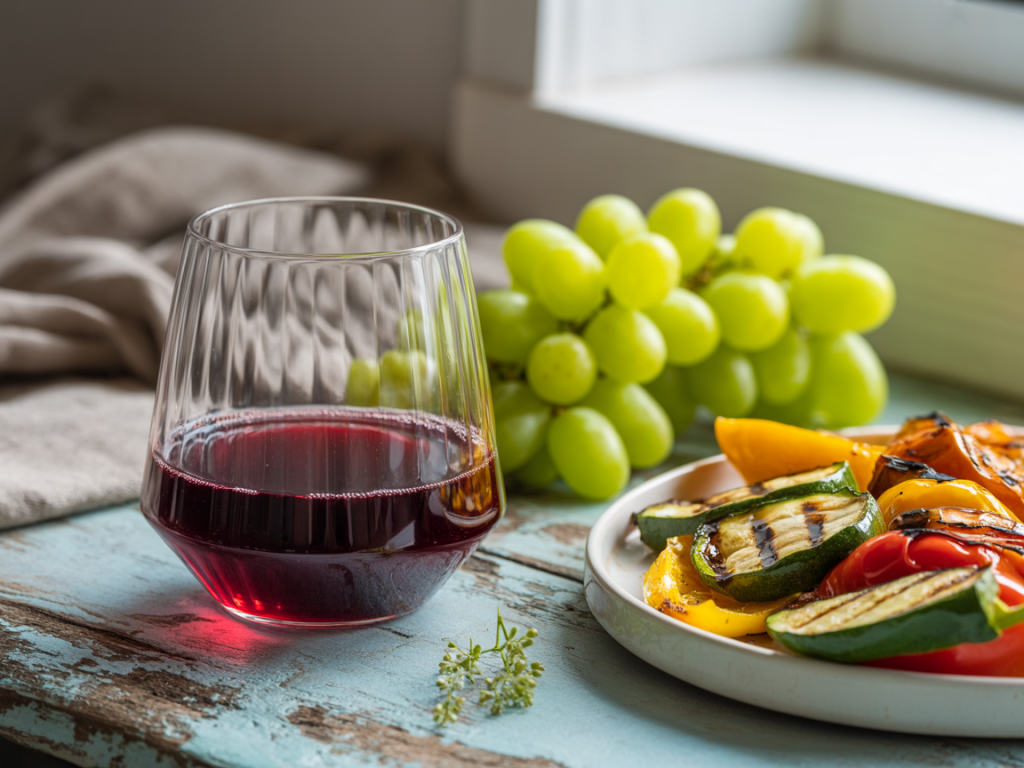 Taça de vinho tinto acompanhada de refeição leve, representando o equilíbrio entre prazer e saúde para quem busca saber se vinho emagrece.