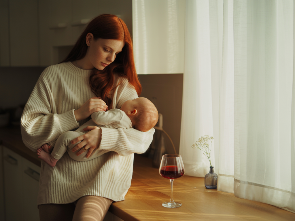 Mãe lactante em casa observando um copo de vinho, refletindo sobre o consumo de vinho na amamentação.