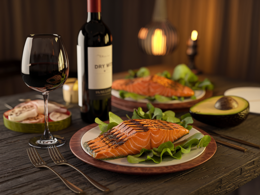 Taça de vinho servida com refeição cetogênica em jantar equilibrado, mostrando como incluir vinho na dieta cetogênica com moderação.