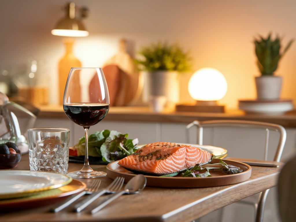 Refeição equilibrada com salmão, folhas verdes e taça de vinho tinto, representando o consumo de vinho na dieta low carb.