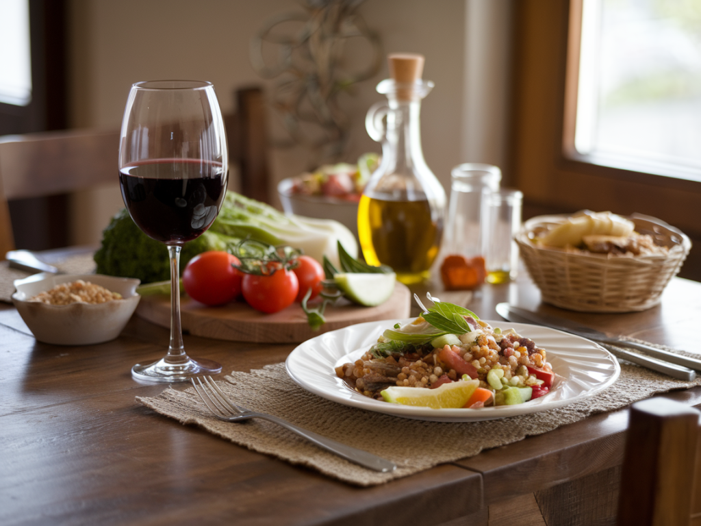 Taça de vinho seco ao lado de refeição leve e balanceada, ilustrando como incluir vinho na dieta de forma saudável.