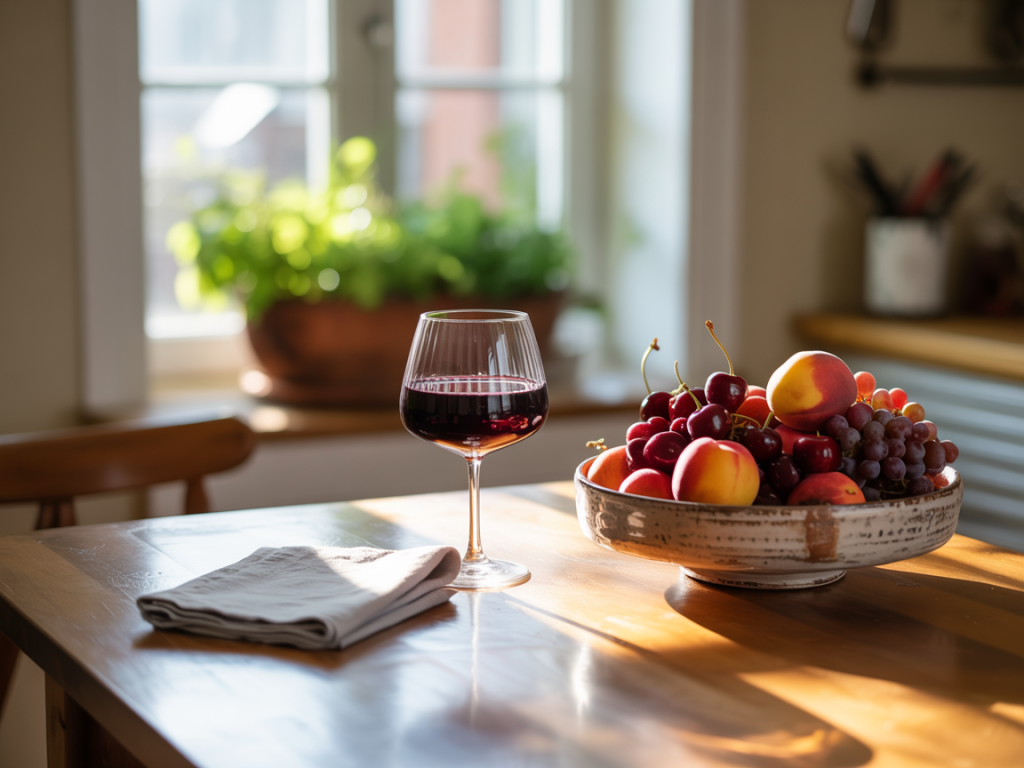 Taça de vinho tinto em ambiente calmo e iluminado, ilustrando o tema vinho quebra jejum com equilíbrio e estilo de vida saudável.