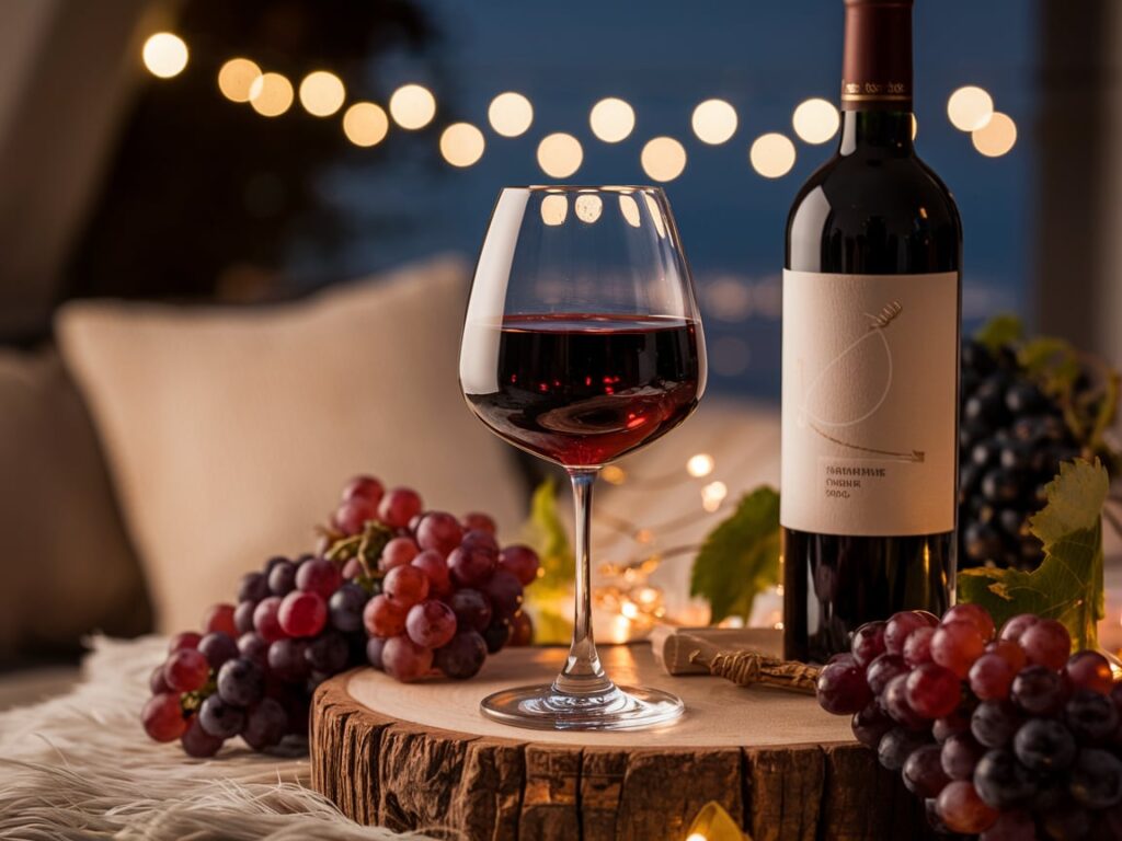 Taça de vinho tinto suave em ambiente aconchegante, ilustrando os benefícios do vinho suave.