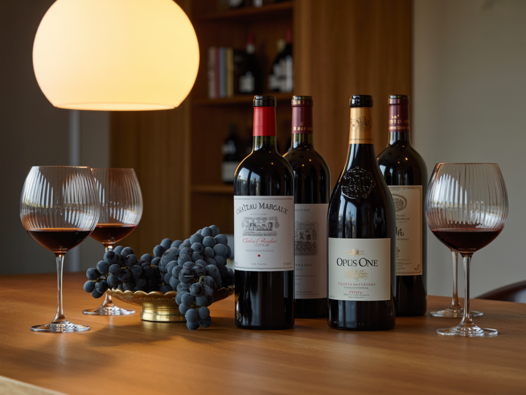 Seleção de vinho tinto suave bom e barato de supermercado com rótulos variados, taças elegantes e atmosfera acolhedora.