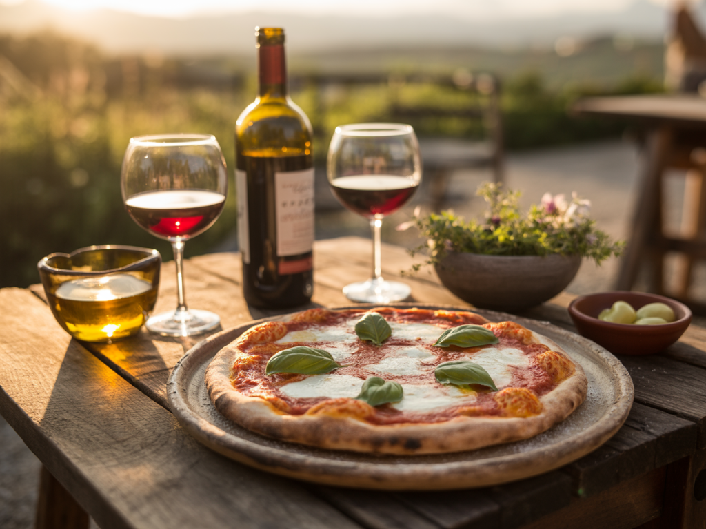 Combinação entre pizza e vinho tinto em cenário aconchegante, destacando a harmonização perfeita dos sabores.