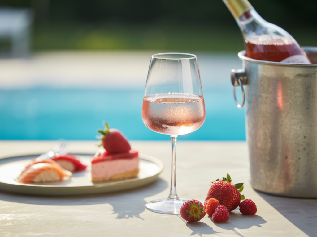 Taça de vinho rosé doce gelado em mesa ao ar livre, ao lado de garrafa em balde de gelo, frutas vermelhas e cheesecake, sugerindo harmonizações leves de verão.