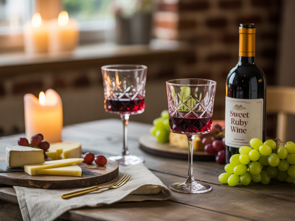 Taças de vinho suave bom e barato ao lado de tábua de queijos sobre mesa rústica iluminada