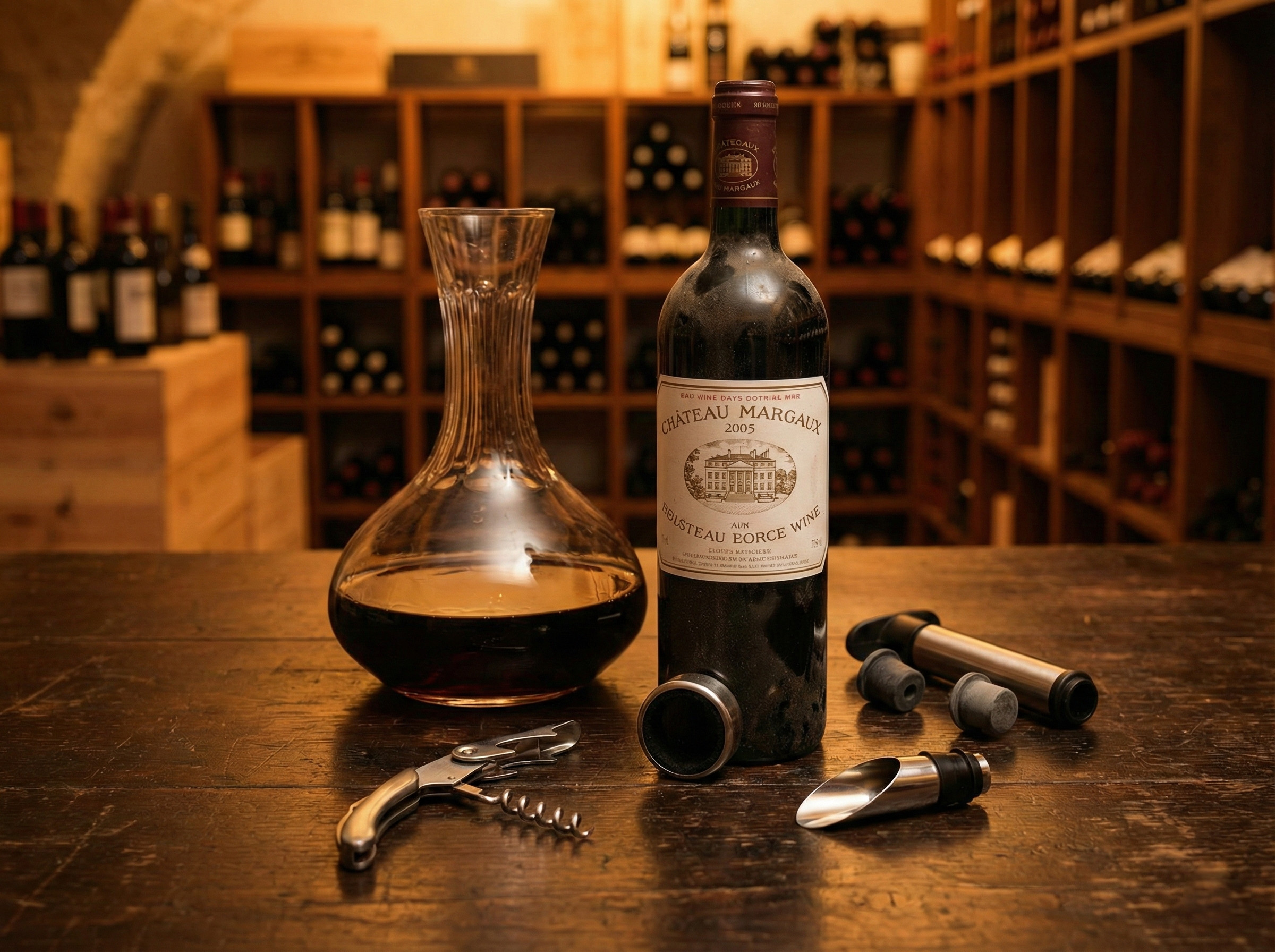 Kit completo de acessórios para vinho sobre mesa de madeira, incluindo saca-rolhas de sommelier e decanter de cristal com vinho tinto.