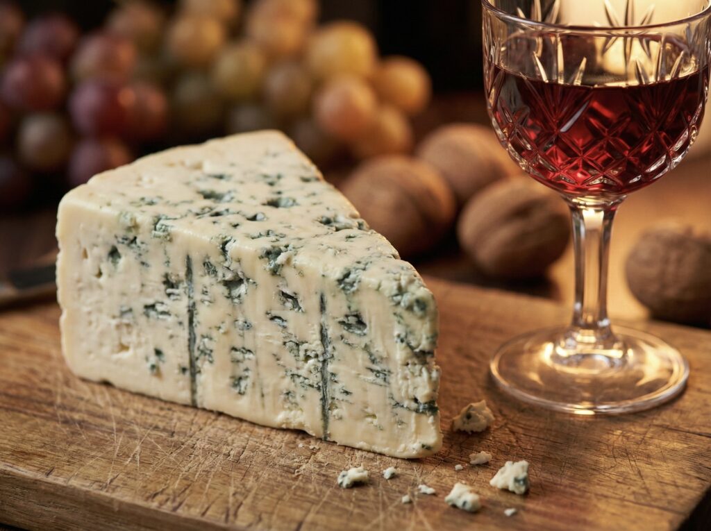 Gorgonzola combina com qual vinho: taça de vinho do Porto tinto ao lado de uma cunha de queijo azul.