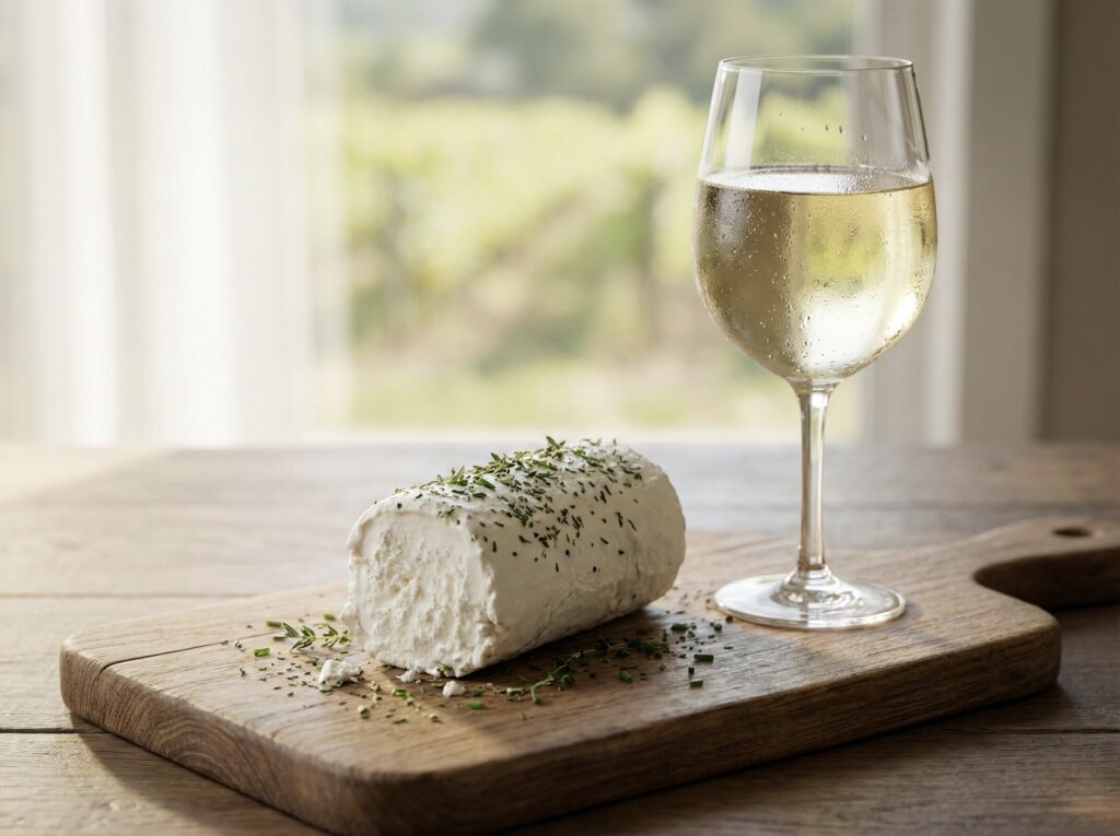 Tábua com queijo de cabra fresco e uma taça de vinho branco para harmonização.