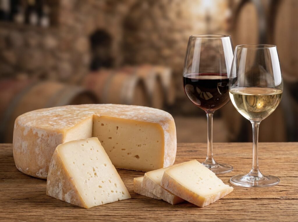 Tábua de queijos com Queijo Canastra meia cura e taças de vinho tinto e branco para harmonização.