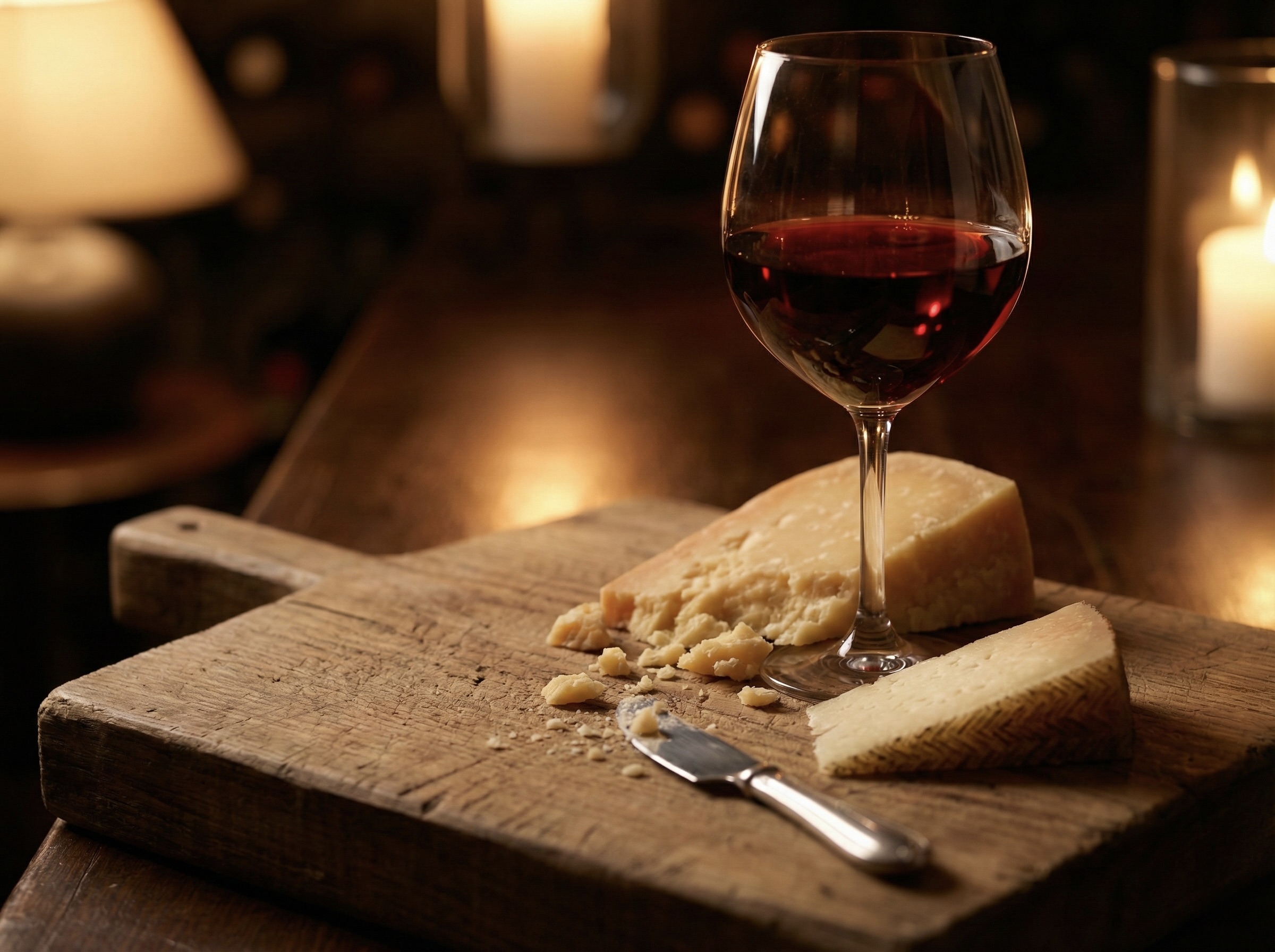 Uma taça de vinho tinto seco ao lado de pedaços de queijo gouda envelhecido e manchego em uma tábua de madeira rústica.