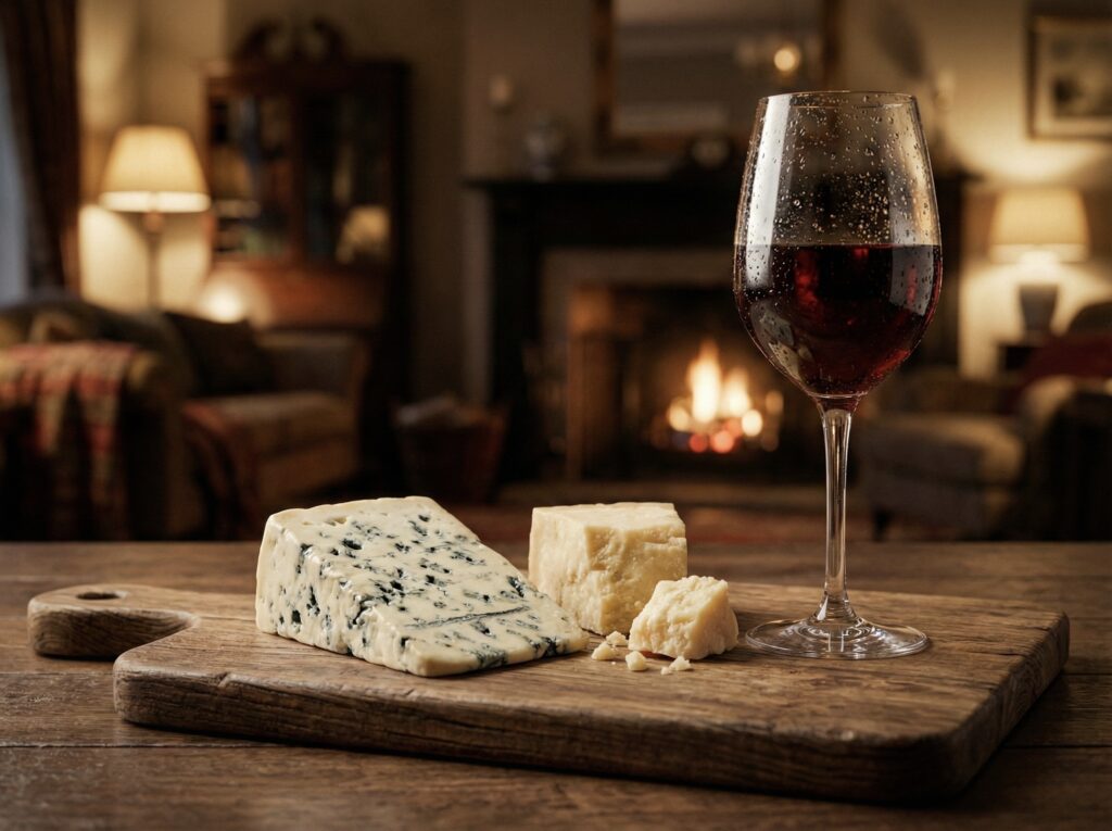 Tábua de frios com queijo Gorgonzola e Parmesão ao lado de uma taça de vinho tinto suave, ilustrando o queijo que combina com vinho tinto suave.