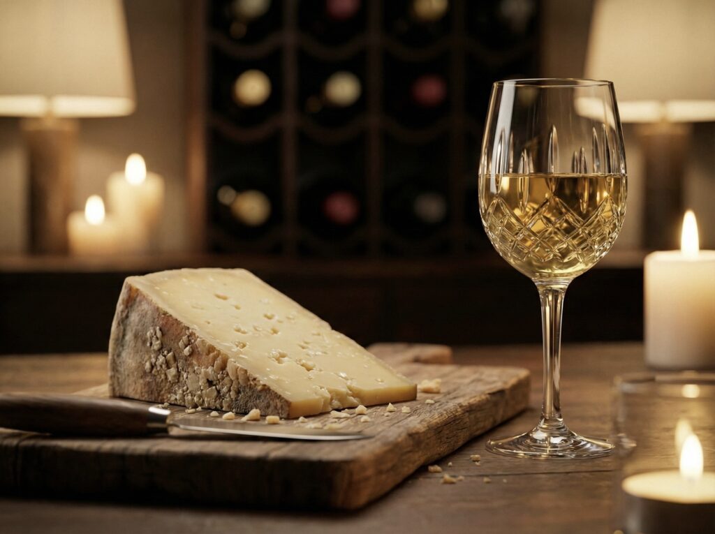 Pedaço de queijo Gruyère ao lado de uma taça de vinho branco, exemplificando a harmonização ideal.