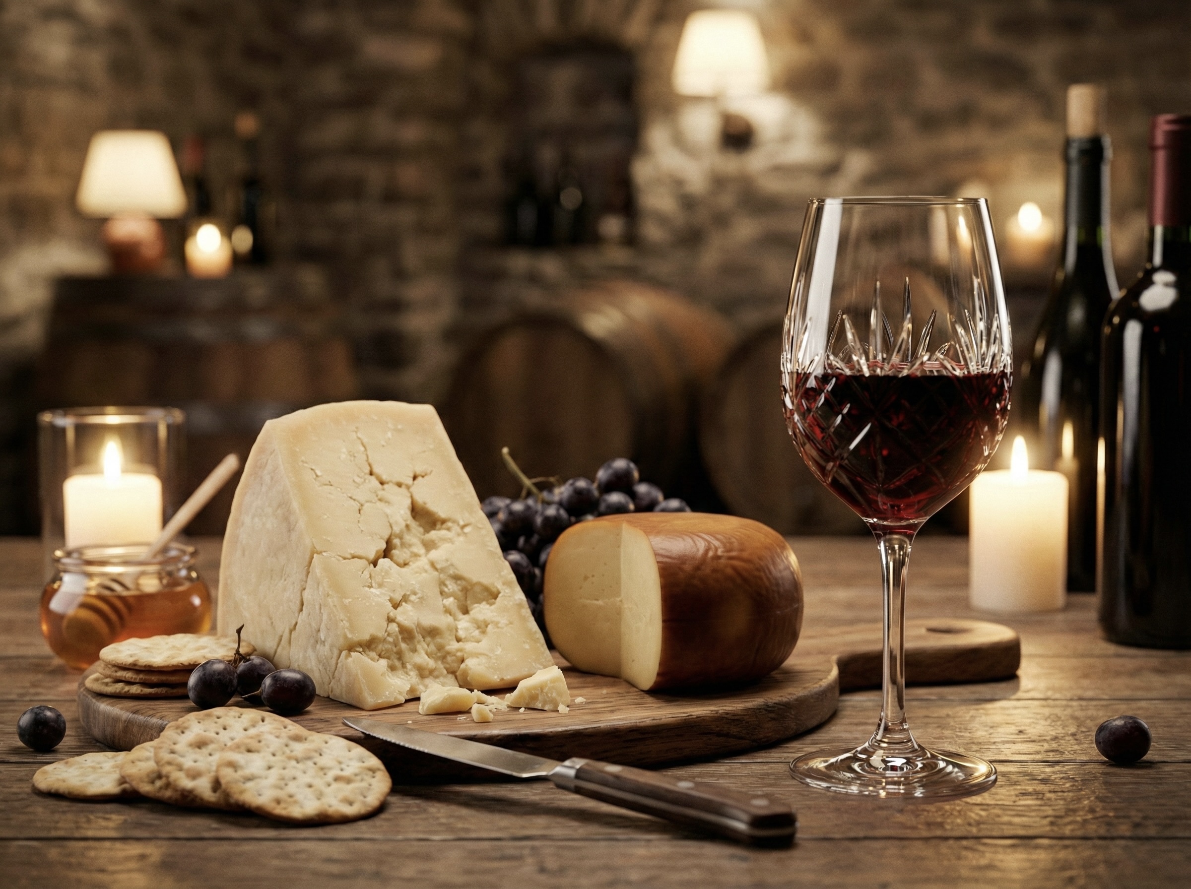 Queijo provolone combina com vinho: tábua de harmonização com provolone defumado e taça de tinto.