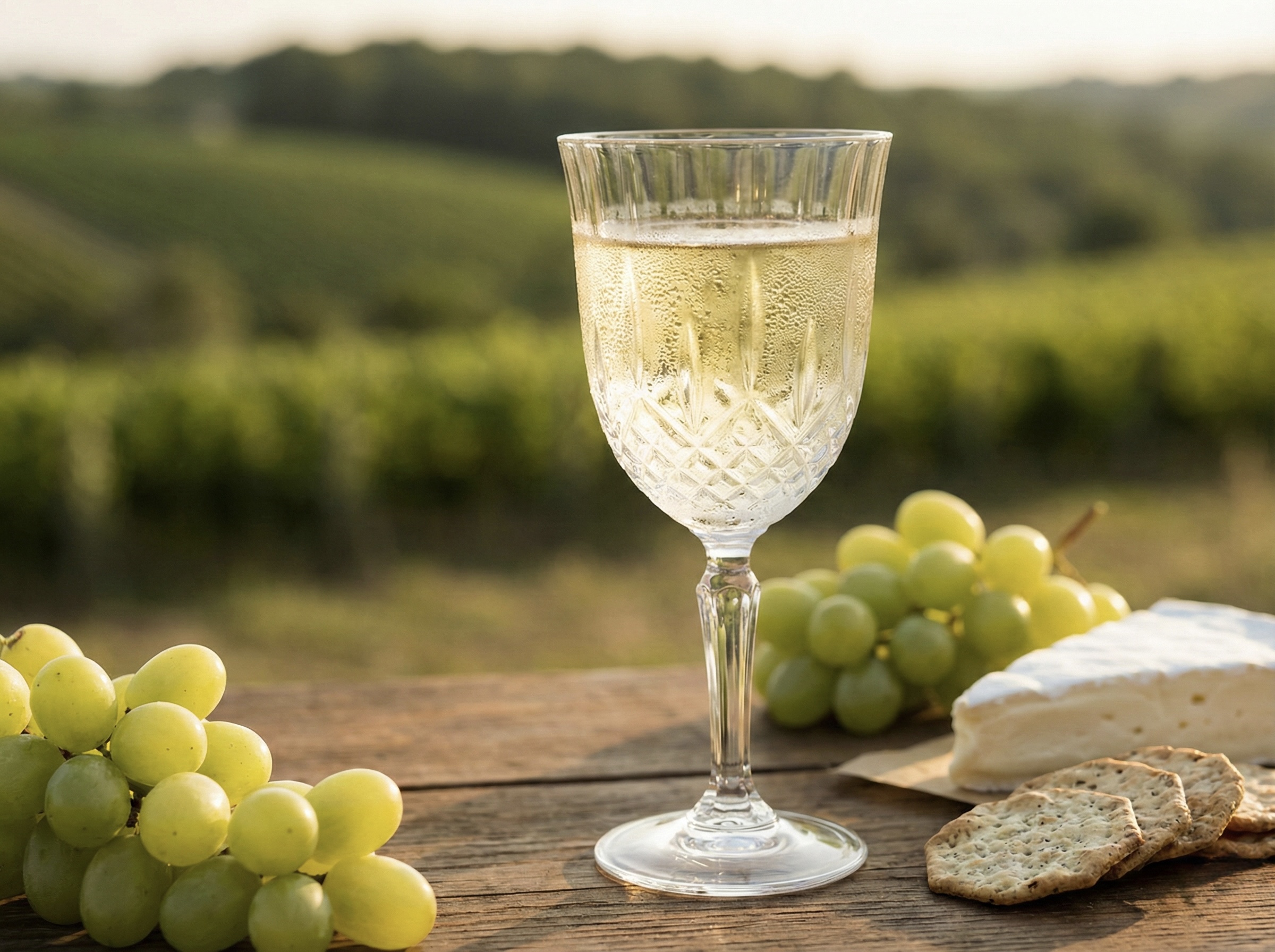 Taça de vinho branco gelado sobre mesa de madeira servido com queijo brie e uvas.