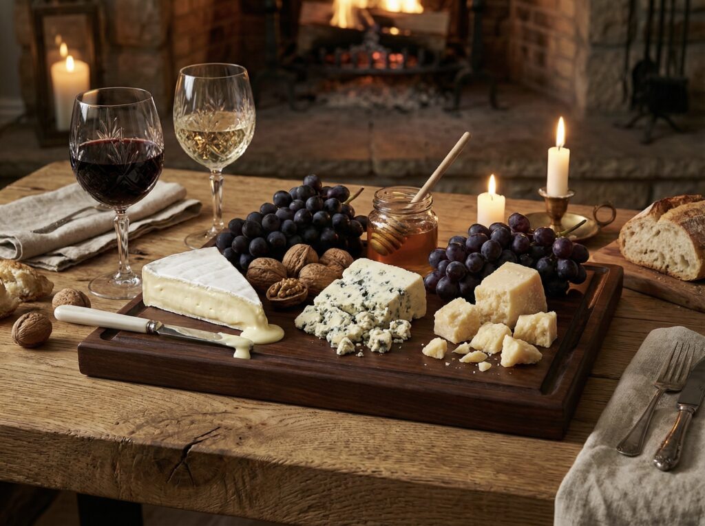 Tábua de frios gourmet com taças de vinho tinto e branco, ilustrando a harmonização de vinho e queijo.