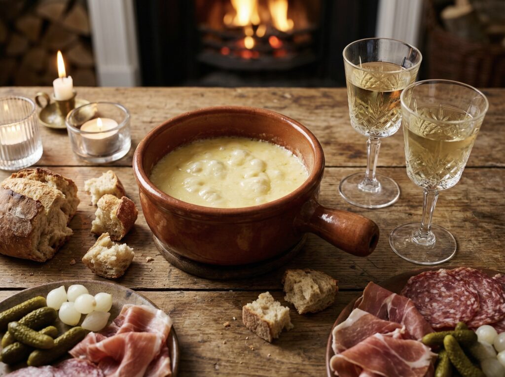 Taças de vinho branco servido como o ideal vinho para fondue de queijo em uma mesa de jantar.