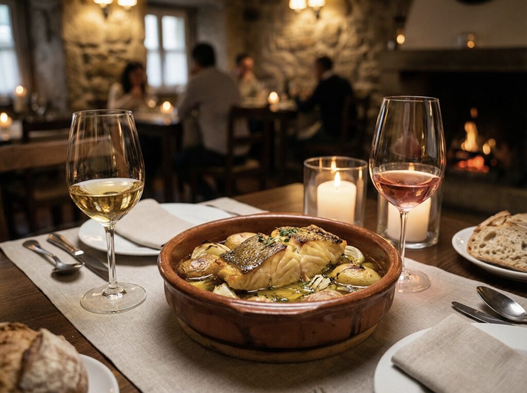 Mesa posta com prato de bacalhau assado ao lado de taças de vinho branco e tinto, ilustrando o vinho para harmonizar com bacalhau.