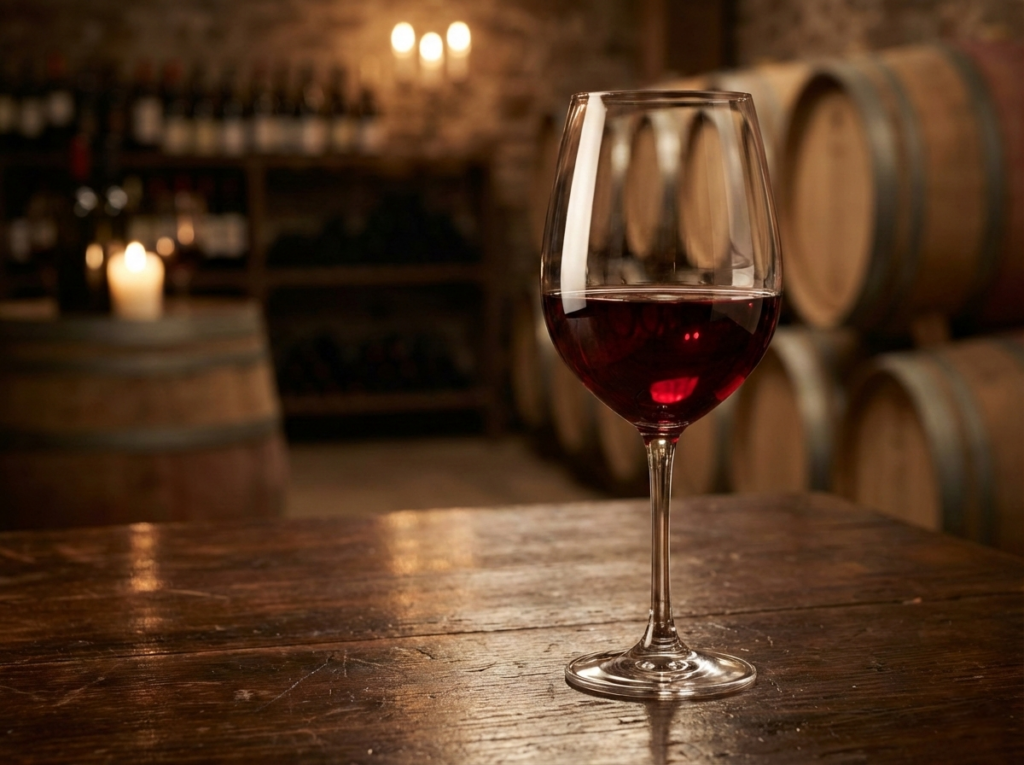 Taça de vinho tinto elegante sobre mesa de madeira com fundo desfocado de adega.