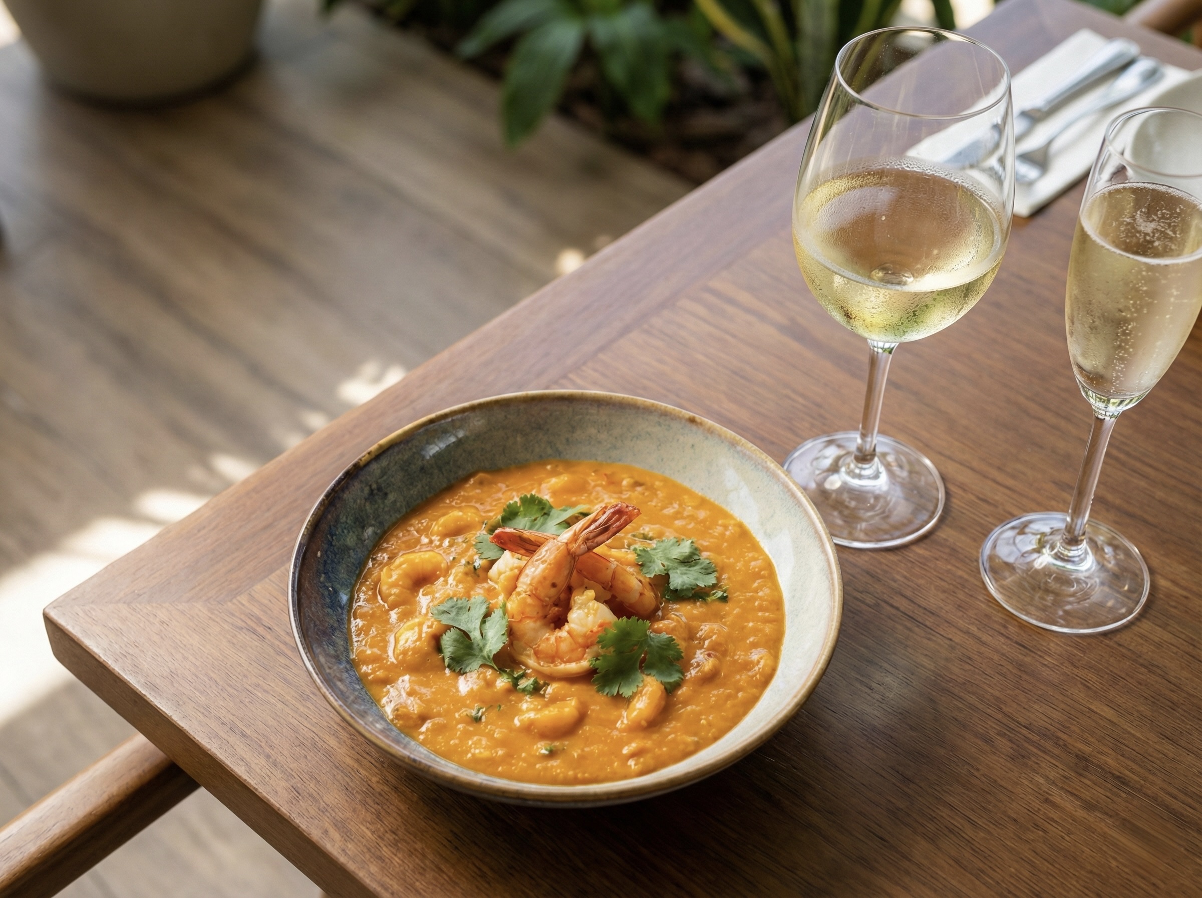 Prato de Bobó de Camarão servido ao lado de uma taça de vinho branco gelado e uma taça de espumante em uma mesa de madeira.